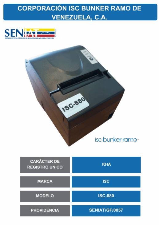 Ficha de homologación de la impresora fiscal ISC-880