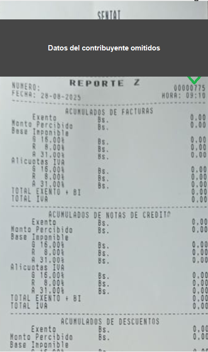 Reporte Z de la impresora fiscal con el número correlativo del reporte