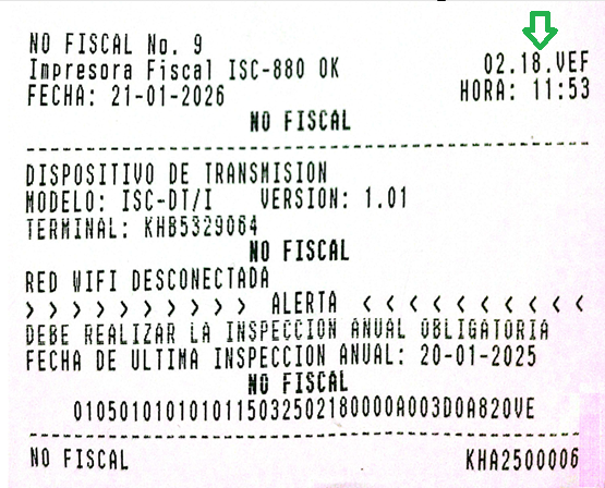 Ticket de encendido de la impresora fiscal ISC-880 con la versión vigente 2.18